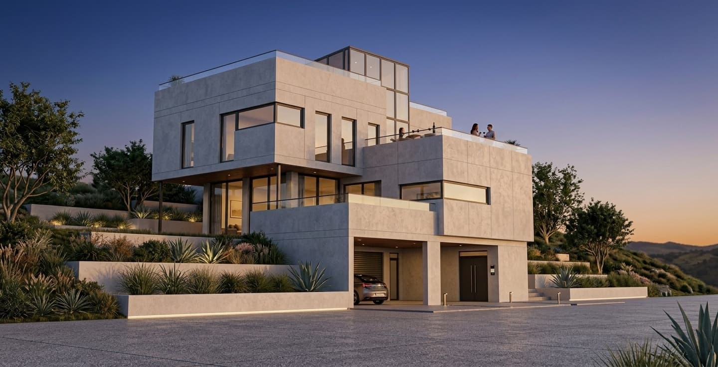AI architectural modern house example created in Rendervi photo-realism mode