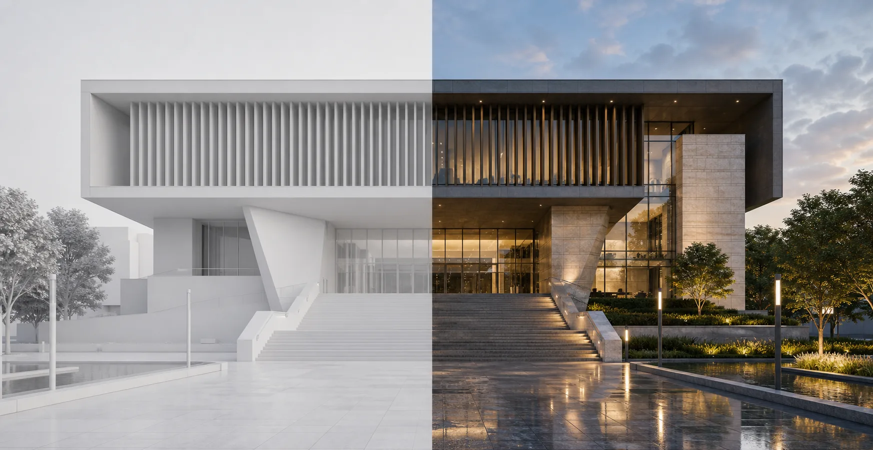 Modern public building shown as a clay render and finished architectural render
